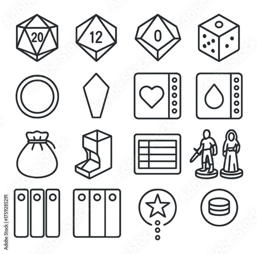 Tabletop gaming icons set for board games with dice, figures, and game elements