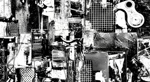 An Abstract Collage of Grungy Textures and Geometric Patterns Creating a Visually Complex and Urban Art Piece
