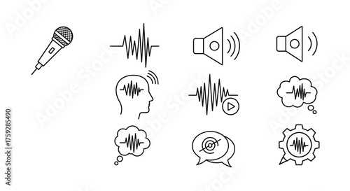 Hand drawn microphone audio waveform and speaker icons representing sound and voice technology concepts vector