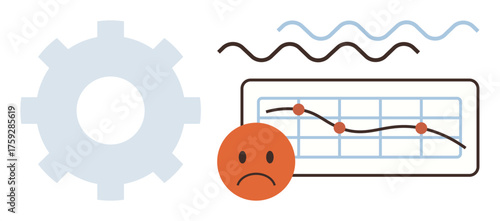 Gear beside a chart showing a declining line and sad face emphasizes failure, setback, frustration. Ideal for business analytics, challenges, productivity, negativity, technology, performance drop