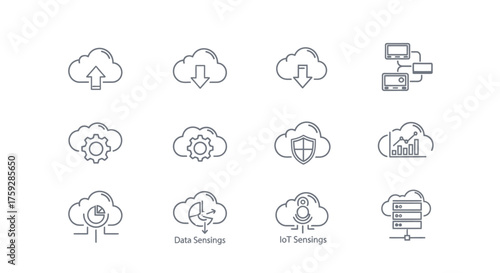 Collection of hand drawn cloud computing icons representing data storage and security vector
