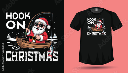Cool Santa Fishing in a Boat Hook On Christmas T-Shirt Graphic Design Vector