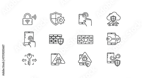 Digital security and cybersecurity icons representing data protection network defense and threat prevention in a grid layout vector