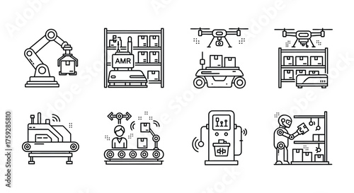 Modern warehouse automation icons showing robots drones and smart systems for industrial logistics and supply chain vector