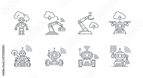 Modern robot icons and symbols representing artificial intelligence and future technology concepts vector