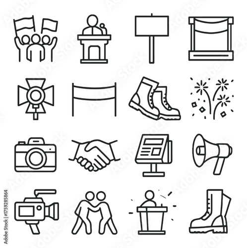 Icons of public speaking, celebration, and media activities