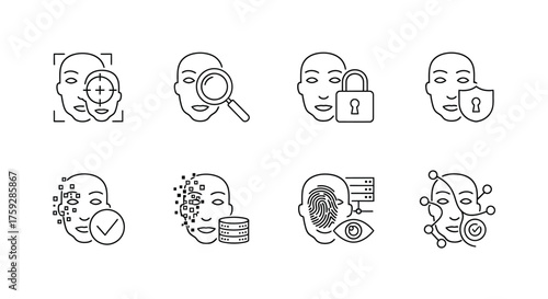 Facial recognition technology icons set for security and identification purposes vector