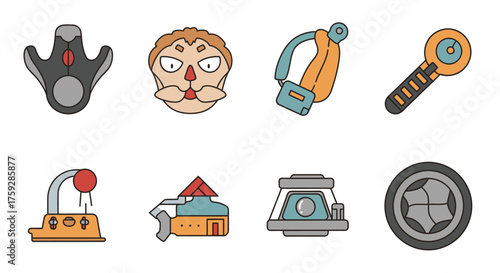 Collection of quirky retro futuristic gadgets and components hand drawn style icons set vector