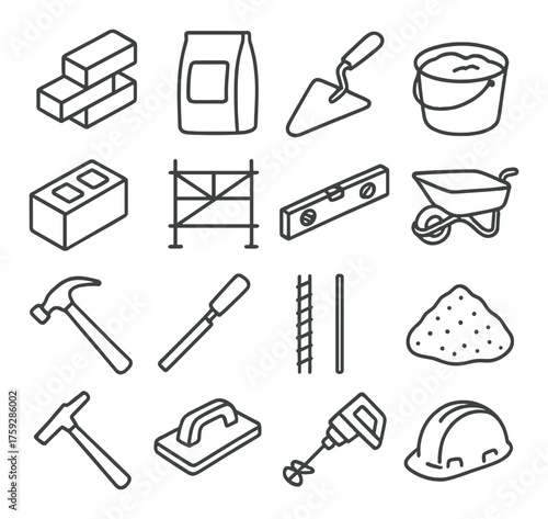 Construction tools and materials icons including hammer, bricks, trowel, and hard hat