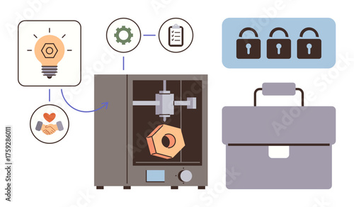 Modern 3D printer creating object, symbols of innovation, teamwork, security, and tools. Ideal for technology, manufacturing, design entrepreneurship prototyping business strategy. Simple flat