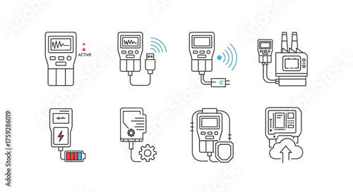 Diagrams showcasing various electrical meters and their components in a clear line art style vector