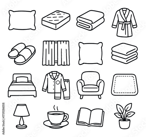 Home comforts: pillows, bedding, slippers, robe, and more cozy essentials icons