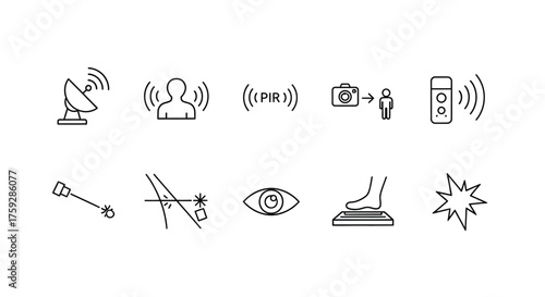 Hand drawn icons representing technology security and detection concepts in a row layout vector