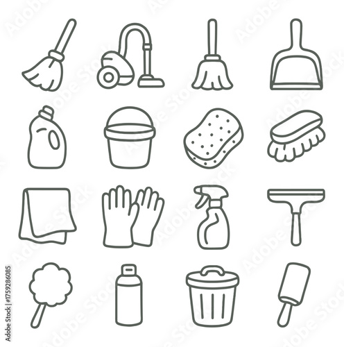 Cleaning supplies icon set featuring mop, vacuum, brush, bucket, and more household tools for tidying