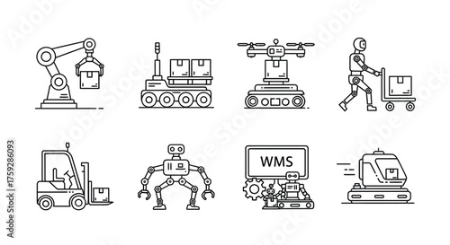 Robotics and automation icons for logistics warehouse supply chain industry set vector