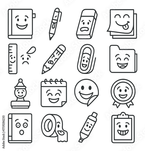 Cute stationery vector icons with faces, including notebook, pencil, eraser, and ruler
