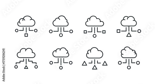 Collection of cloud computing icons representing data storage and network connections vector