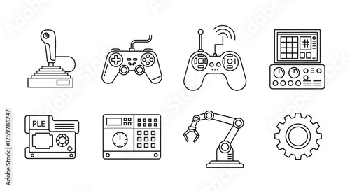 Set of stylized line drawings depicting advanced technology and automation equipment for industry vector