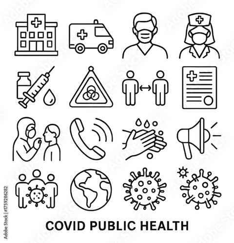 Covid public health icons: mask, vaccine, social distancing, virus, hygiene