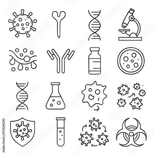 Medical science icons: virus, dna, microscope, antibodies, biohazard symbols
