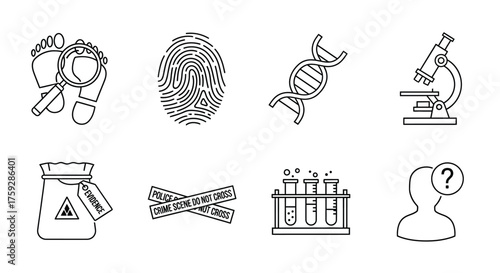 Forensic science icons representing investigation evidence and scientific discovery symbols vector