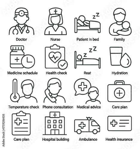 Medical icons depicting healthcare roles and services in black and white