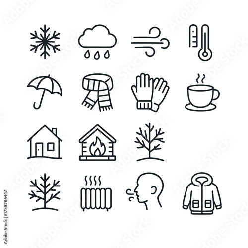 Winter icons: snowflake, rain, wind, temperature, umbrella, scarf, gloves, coffee, fireplace