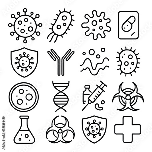 Medical icons: virus, bacteria, dna, vaccine, biohazard symbols