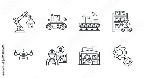 Industrial technology icons representing automation manufacturing and logistics solutions vector