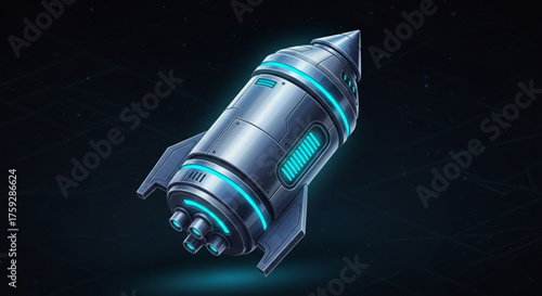 Illustration of a futuristic rocket ship with glowing accents, set against a dark, starspeckled background, creating a sense of space exploration