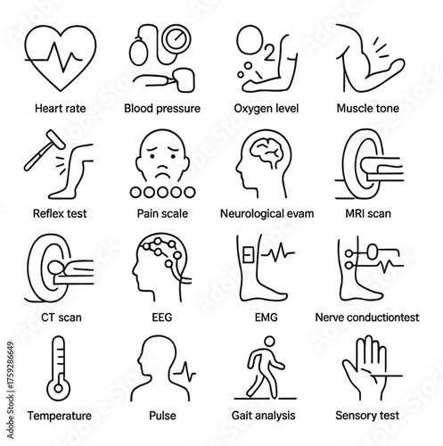Medical diagnostic icons: heart rate, blood pressure, oxygen, muscle, neurological evaluation