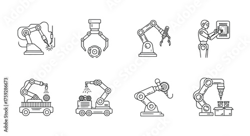Set of industrial automation icons featuring robotic arms and manufacturing processes vector