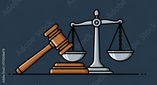 A balanced scales of justice and gavel illustration, symbolizing law, order, and the pursuit of fairness in the legal system