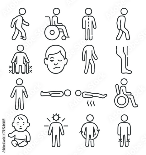 Disability and pain awareness icons depicting various physical conditions and emotions