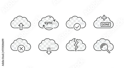 Cloud computing icons collection hand drawn style for data storage and network services vector