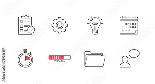 Set of eight hand-drawn business icons representing productivity planning and ideas vector