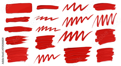 Collection of Vivid Red Paint Strokes Brush Marks and Scribbles on a White Background