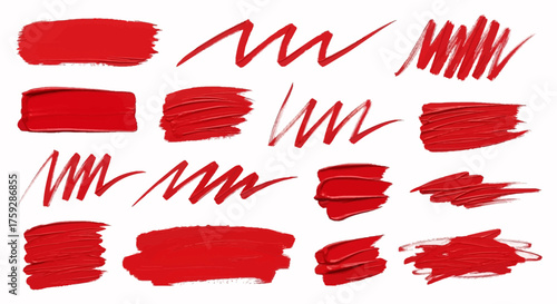Collection of Red Paint Strokes and Brush Marks Isolated on a White Background