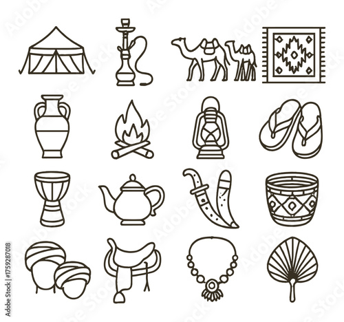 Traditional arabian icons: tent, hookah, camel, rug, and more on brown background