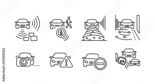 Car sensor technology icons set automatic driving safety features symbols modern automotive assistance vector