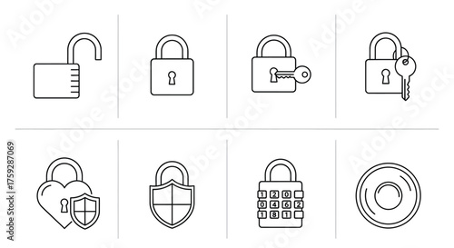 Collection of security padlock icons showing open locked and keypad lock symbols vector