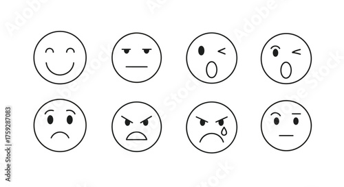 Set of hand drawn smiley faces expressing different emotions moods and feelings with outlines vector