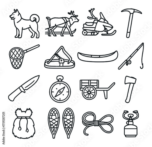 Outline icons of outdoor adventure equipment: dog sled, snowmobile, pickaxe, fishnet, axe, knife, compass, canoe, snowshoes, kettle