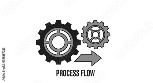 Gears and arrow symbolize business process flow and mechanical engineering synergy vector