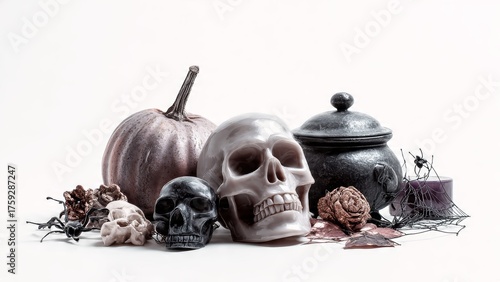 A still life arrangement with a Halloween theme featuring skulls a pumpkin and a cauldron