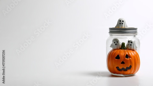 Glass jar containing a carved pumpkin with three ghost figures on a white background