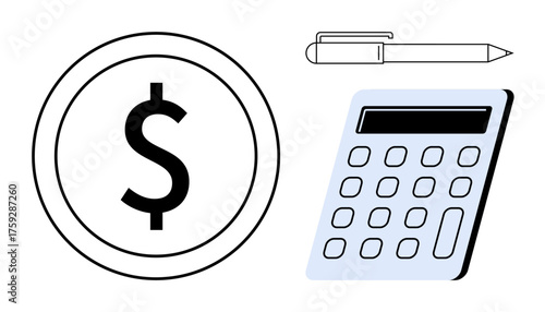 Coin with dollar sign, pen, and calculator emphasizing business finance, accounting, investment, budgeting. Ideal for financial planning, bookkeeping, education wealth management tax calculation