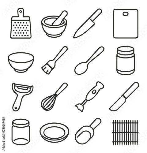Set of kitchen utensil icons: grater, mortar, knife, cutting board, whisk, blender