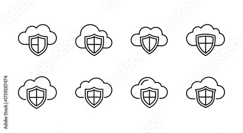 Cloud security icons set shield protection data storage network safety cyber defense icons vector