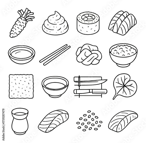 Illustration of sushi ingredients and japanese culinary icons on olive background